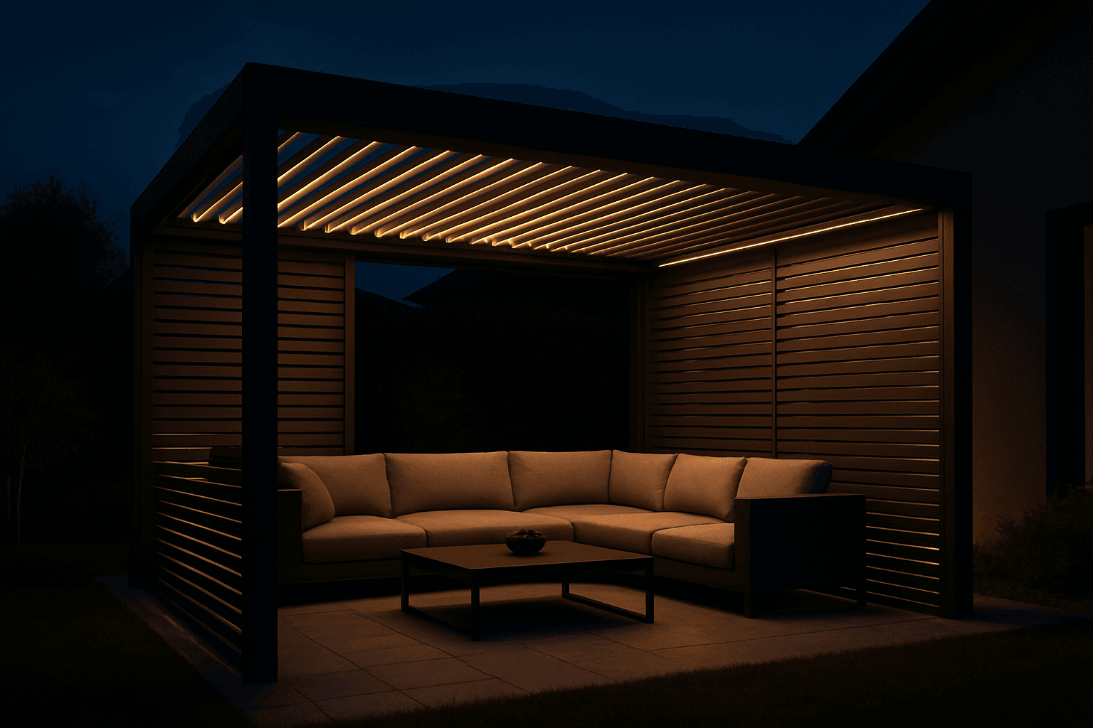 Luxcov pergola with aluminum sliding privacy panels